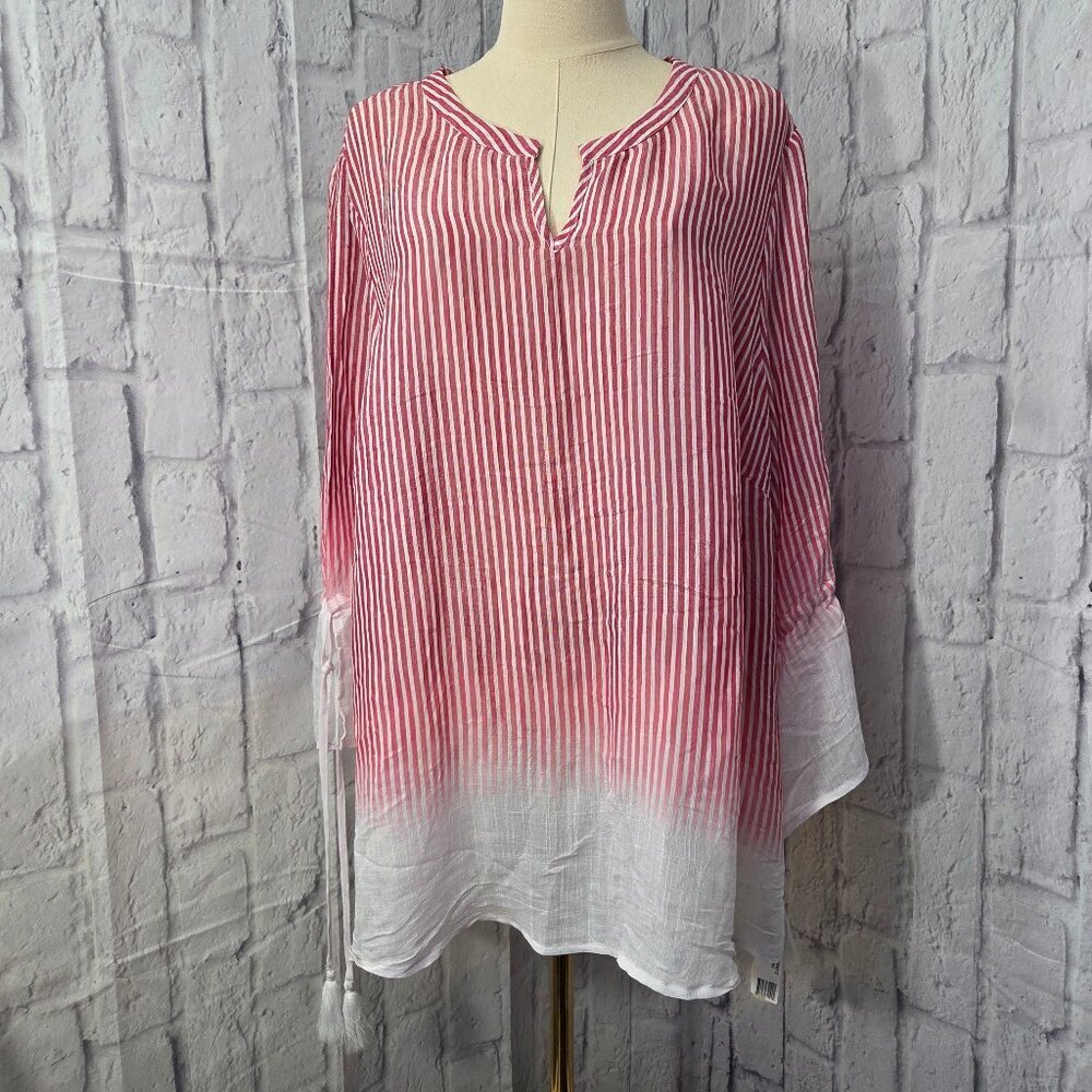 Zac & Rachel 2X Red White Stripe Lightweight Flowy Spilt Longsleeve Blouse